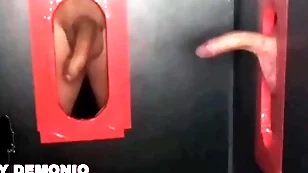Blowjob with a lot of saliva round a double glory hole to two strangers pequeydemonio.com