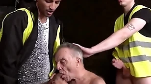 Toothless grandpa sucks three miners