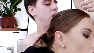 Bisexual office babe fucked in mmf 3some after deep sucking