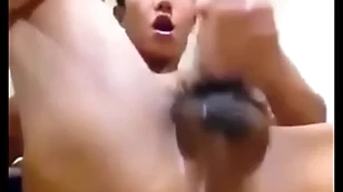 Asian guy shows hole and jerks his load of shit