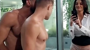 Bi dudes comprehend pine busty milf in threesome fuck
